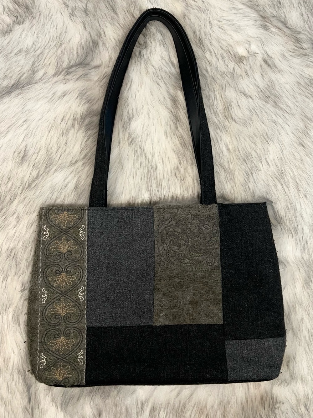 Y2K Liz Claiborne gray patchwork wool embroidered shoulder bag whimsy boho 2000